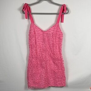 Francesca’s Blue Rain Vibrant Pink Floral Lace Overlay Mini Dress. Womens Size S